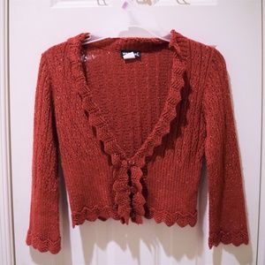 Red Shimmery Knit Ruffle Cropped V-neck Cardigan